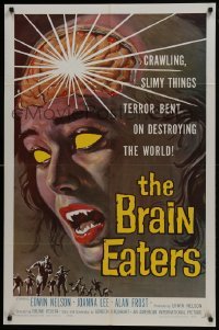 3y120 BRAIN EATERS 1sh 1958 AIP, classic horror art of girl's brain exploding!