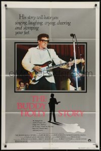 3y135 BUDDY HOLLY STORY 1sh 1978 great image of Gary Busey performing on stage with guitar!