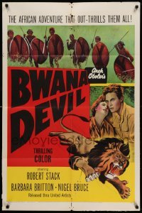 3y143 BWANA DEVIL 1sh R1954 Robert Stack, Arch Oboloer, cool art of lion jumping from poster!