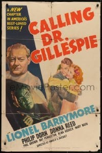 3y147 CALLING DR. GILLESPIE 1sh 1942 artwork of Lionel Barrymore, Philip Dorn & young Donna Reed!