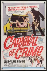3y155 CARNIVAL OF CRIME 1sh 1964 kidnapped woman in back of yellow car, frenzied in Brazil!
