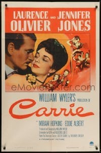 3y156 CARRIE 1sh 1952 romantic art of Laurence Olivier & Jennifer Jones, William Wyler!