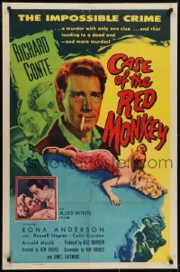 3y162 CASE OF THE RED MONKEY 1sh 1955 Richard Conte solves the impossible crime, sexy Rona Anderson!