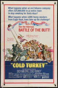 3y179 COLD TURKEY 1sh 1971 Dick Van Dyke & entire town quits smoking cigarettes, art by Kossin!