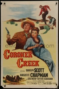 3y187 CORONER CREEK 1sh R1953 western cowboy Randolph Scott, sexiest Marguerite Chapman!