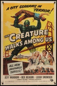 3y200 CREATURE WALKS AMONG US 1sh 1956 Reynold Brown art of monster over Golden Gate Bridge!