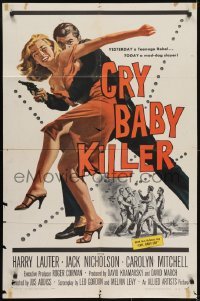 3y206 CRY BABY KILLER 1sh 1958 first Jack Nicholson, really cool art of criminal w/girl and gun!
