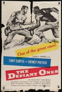 3y232 DEFIANT ONES 1sh 1958 art of escaped cons Tony Curtis & Sidney Poitier chained together!