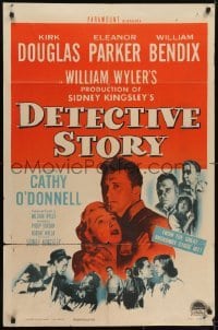 3y238 DETECTIVE STORY 1sh 1951 William Wyler, Kirk Douglas can't forgive Eleanor Parker, Bendix