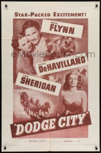3y256 DODGE CITY 1sh R1951 Errol Flynn, Olivia De Havilland, Ann Sheridan, Michael Curtiz classic!