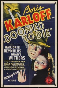 3y260 DOOMED TO DIE 1sh 1940 Asian detective Boris Karloff over Marjorie Reynolds and Withers!