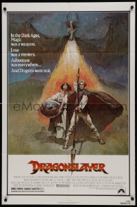 3y266 DRAGONSLAYER 1sh 1981 cool Jeff Jones fantasy artwork of Peter MacNicol w/spear & dragon!