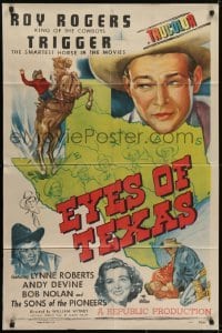 3y296 EYES OF TEXAS 1sh 1948 art of Texas + Roy Rogers close up & riding on Trigger!