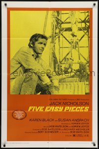 3y315 FIVE EASY PIECES 1sh 1970 cool image of Jack Nicholson, directed by Bob Rafelson!