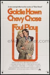 3y334 FOUL PLAY 1sh 1978 wacky Lettick art of Goldie Hawn & Chevy Chase, screwball comedy!