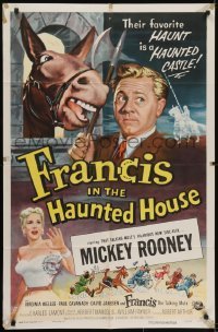 3y337 FRANCIS IN THE HAUNTED HOUSE 1sh 1956 wacky art of Mickey Rooney w/Francis the talking mule!