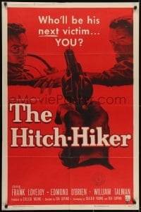 3y386 HITCH-HIKER style A 1sh 1953 POV art of hitchhiker in back seat pointing gun at front!