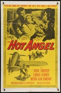 3y390 HOT ANGEL 1sh 1958 teenage hot rod rebel gangs rip highways & skies w/thrills & terror!