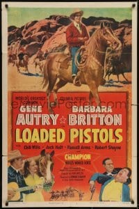 3y501 LOADED PISTOLS 1sh 1949 Gene Autry playing guitar, fighting & riding Champion!