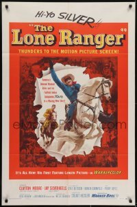 3y503 LONE RANGER 1sh 1956 cool art of Clayton Moore & Silver leaping out of the poster!