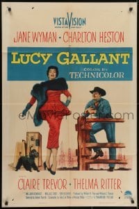 3y522 LUCY GALLANT 1sh 1955 full-length image of sexy Jane Wyman walking dog, plus Charlton Heston!