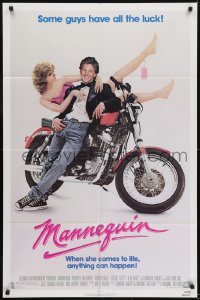 3y547 MANNEQUIN 1sh 1987 great image of Andrew McCarthy & fake Kim Cattrall on motorcycle!