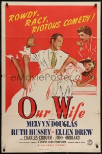 3y643 OUR WIFE style B 1sh 1941 Melvyn Douglas keeps wife Ruth Hussey in line by spanking her!