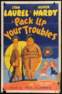 3y650 PACK UP YOUR TROUBLES 1sh R1944 wacky different artwork of Laurel & Hardy!