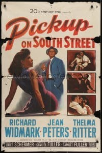3y667 PICKUP ON SOUTH STREET 1sh 1953 Richard Widmark & Jean Peters in Samuel Fuller noir classic!