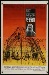 3y672 PLANET OF THE APES 1sh 1968 Charlton Heston, classic sci-fi, cool art of caged humans!
