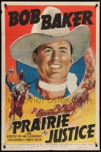 3y680 PRAIRIE JUSTICE 1sh 1938 western artwork montage of cowboy hero Bob Baker and wagon train!