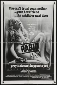 3y693 RABID 1sh 1977 Marilyn Chambers, image of dead girl in refrigerator, Cronenberg directed!