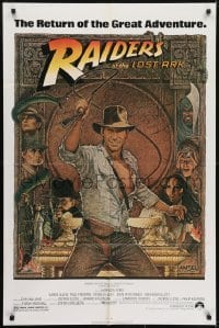 3y695 RAIDERS OF THE LOST ARK 1sh R1980s great art of adventurer Harrison Ford by Richard Amsel!