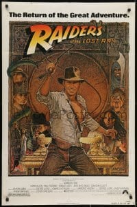 3y696 RAIDERS OF THE LOST ARK 1sh R1982 great Richard Amsel art of adventurer Harrison Ford!