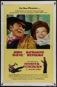 3y729 ROOSTER COGBURN 1sh 1975 great art of John Wayne & Katharine Hepburn!