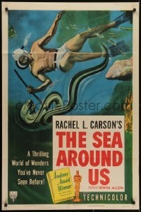 3y749 SEA AROUND US style A 1sh 1953 really cool art of scuba diver and undersea creatures!