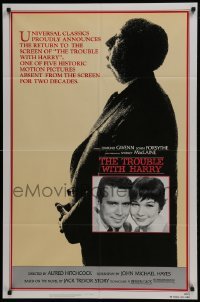 3y903 TROUBLE WITH HARRY 1sh R1983 Alfred Hitchcock profile, c/u of Forsythe & Shirley MacLaine!