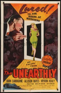 3y915 UNEARTHLY 1sh 1957 John Carradine, sexy Sally Todd is lured to the house of monsters!
