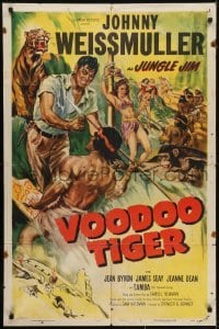 3y928 VOODOO TIGER 1sh 1952 art of Johnny Weissmuller as Jungle Jim, Tamba the Talented Chimp!