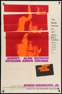 3y929 WAIT UNTIL DARK 1sh 1967 close up of blind Audrey Hepburn, who is terrorized by Alan Arkin!