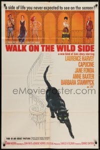 3y933 WALK ON THE WILD SIDE 1sh 1962 cool artwork of black cat on stairs & sexy stars on balcony!