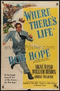 3y950 WHERE THERE'S LIFE style A 1sh 1947 wacky art of Bob Hope being chased by angry mob!