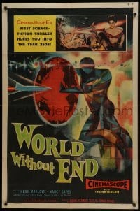 3y979 WORLD WITHOUT END 1sh 1956 CinemaScope's first sci-fi thriller, incredible Brown art!