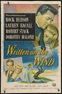3y981 WRITTEN ON THE WIND 1sh 1956 Brown art of sexy Lauren Bacall with Rock Hudson & Robert Stack!