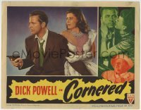 3z473 CORNERED LC 1946 scared Micheline Cheirel stands behind Dick Powell pointing gun!