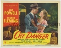 3z482 CRY DANGER LC #1 1951 close up of Dick Powell embracing pretty Rhonda Fleming, film noir!