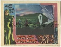 3z504 DEVIL GIRL FROM MARS LC #4 1955 Patricia Laffan & man approaching robot by spaceship!