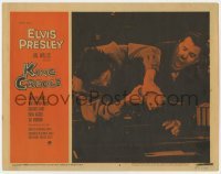 3z656 KING CREOLE LC #3 1958 c/u of Elvis Presley grabbing man's arm during brawl, Michael Curtiz