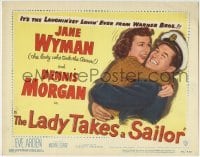 3z163 LADY TAKES A SAILOR TC 1949 close up of Jane Wyman hugging boat captain Dennis Morgan!