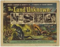 3z164 LAND UNKNOWN TC 1957 a paradise of hidden terrors, cool art of dinosaurs by Ken Sawyer!